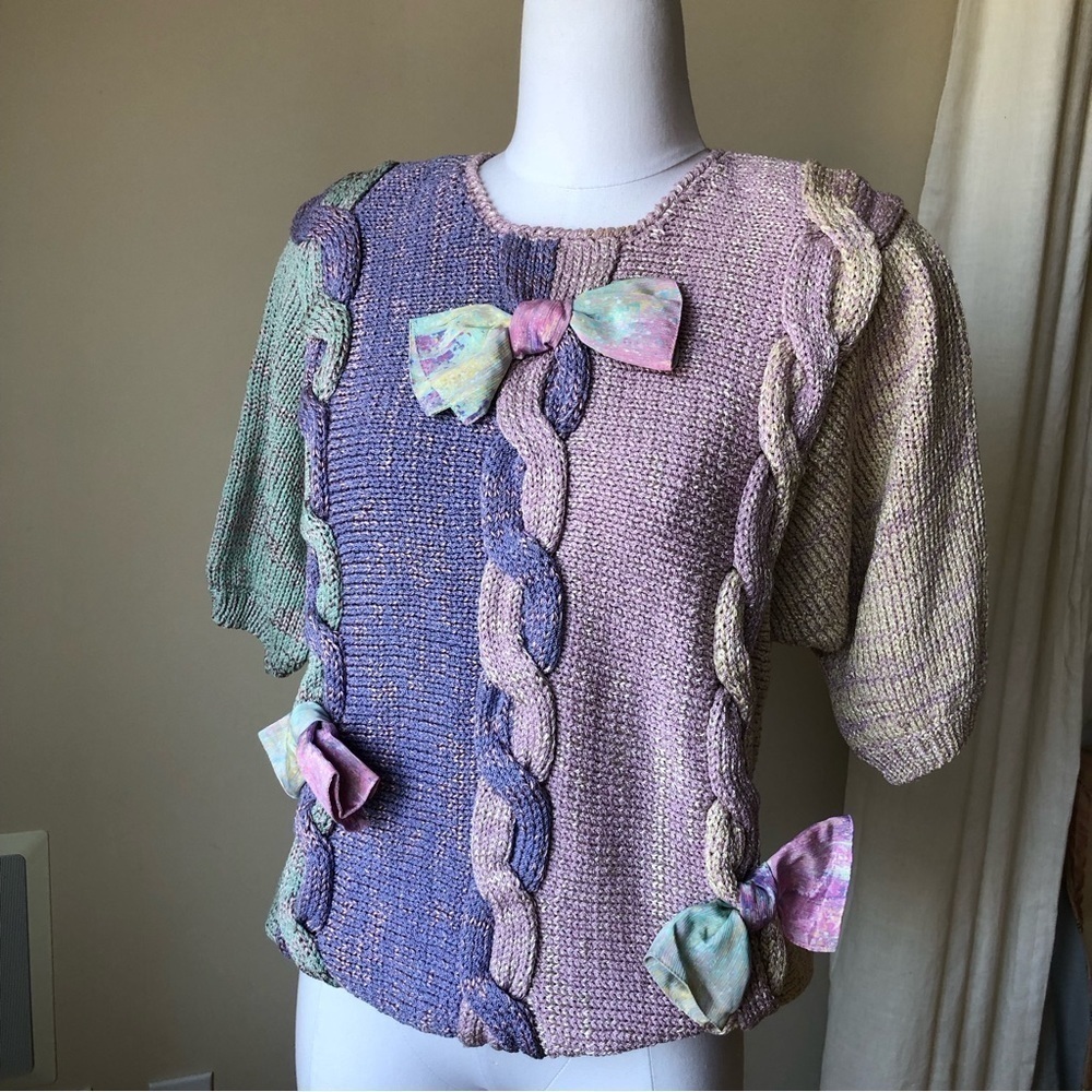 Nwt Vintage Pastel Pink Lavender Chunky Knit Sweater Bow Embellished S